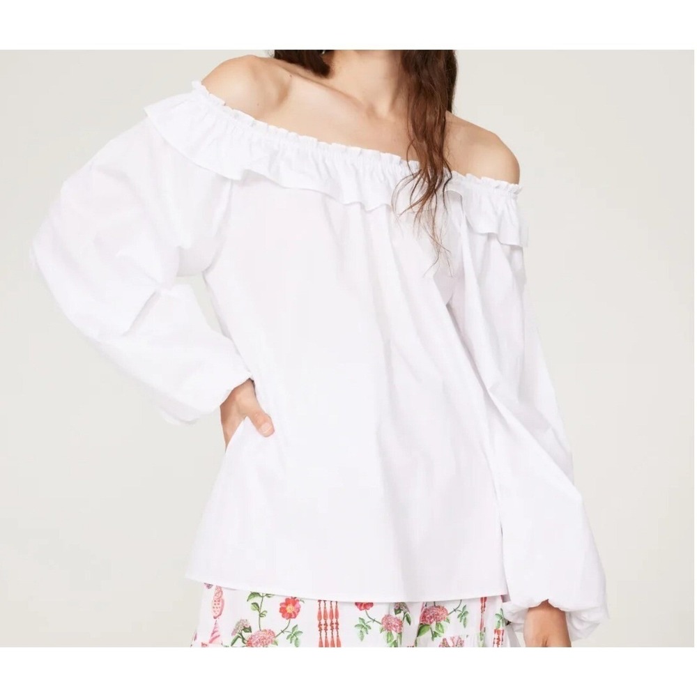 Hill House Lena Top Womens Small White Off Shoulder Ruffle Trim Boho Cotton EUC